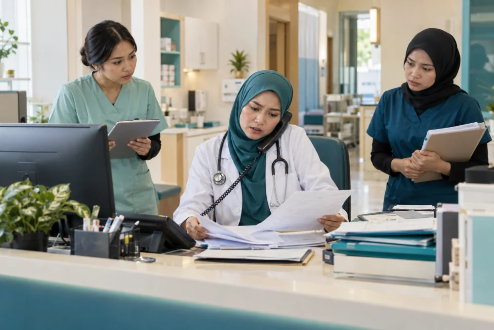 Illustrative clinic owner juggling staff and operational demands — AI-generated illustration