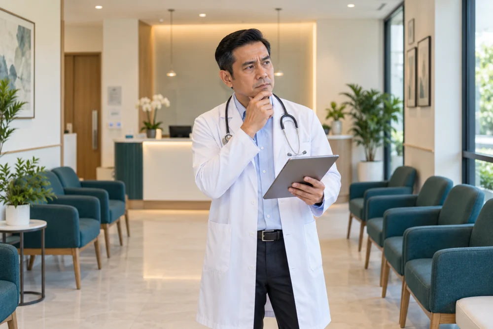 Illustrative clinic owner considering patient growth — AI-generated illustration