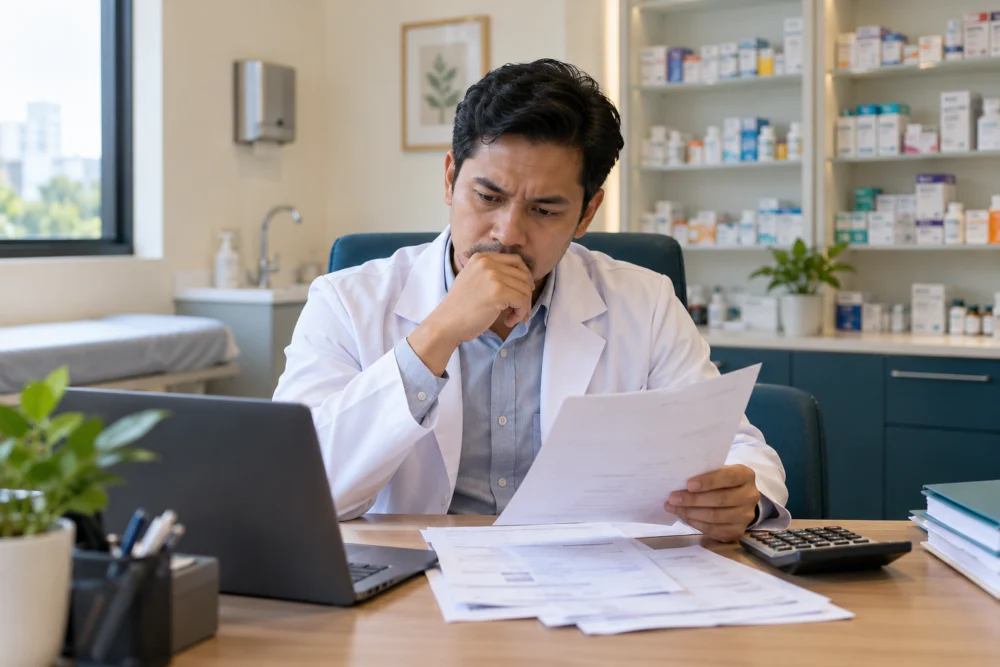 Illustrative clinic owner reviewing tight margins — AI-generated illustration