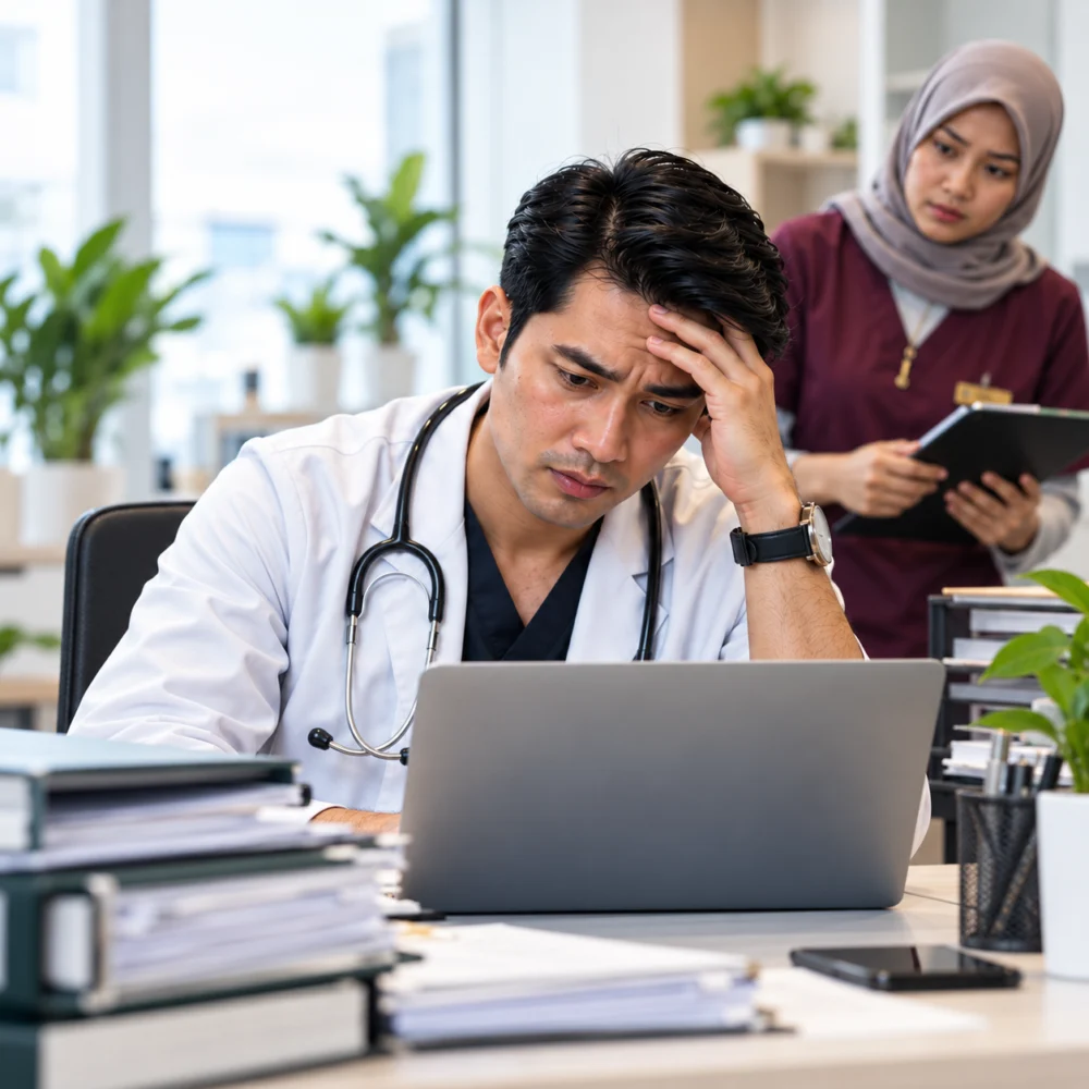 A clinic owner weighing the business decisions and daily responsibilities on his desk